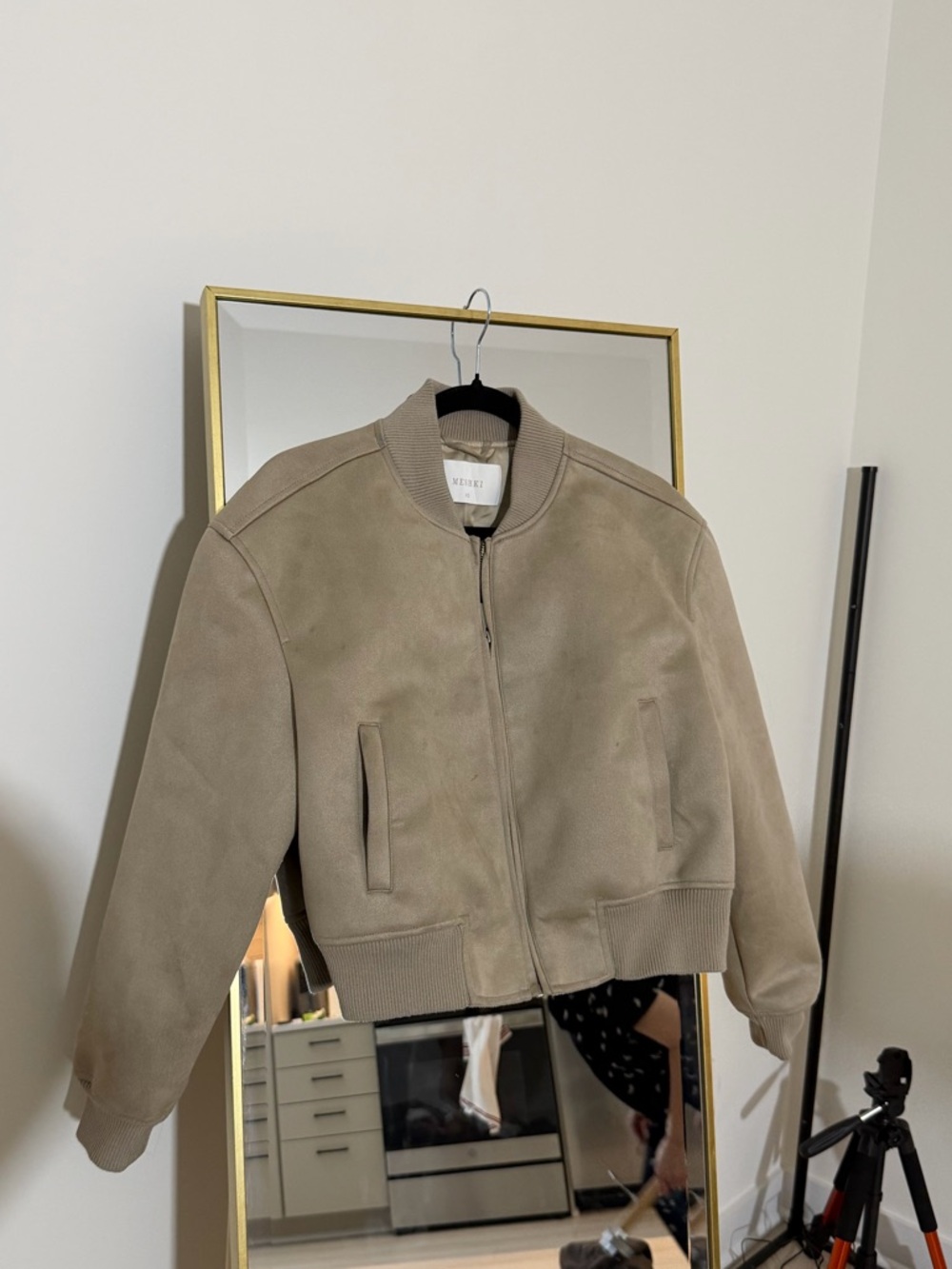 Meshki Beige Suede Bomber Jacket